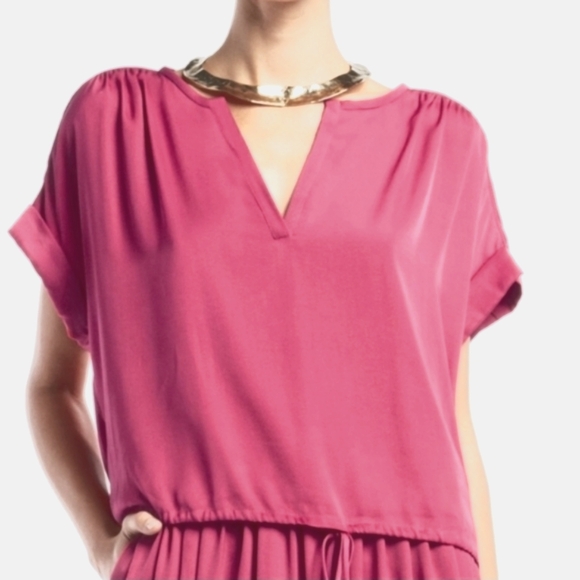 BCBGMaxazria Tana Blouse Top  Drawstring Fuchsia Oversize Rolled Sleeve V-Neck - Picture 1 of 10